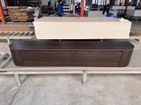 Meuble TV mural flottant moderne avec deux grands tiroirs, base en MDF, placage en bois de noyer foncé, armoire de rangement murale