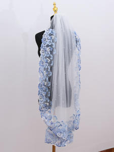 LUOXIN إكسسوارات خطوبة زفاف فاتح دانتيل أزرق زهرة طبقة واحدة لؤلؤ الحجاب الزفاف مع مشط الشعر - Product Image 4