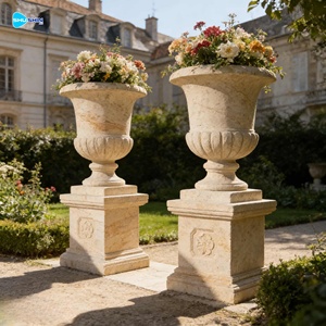 Jardinières décoratives en marbre blanc faites à la main pour villas européennes, avec base, pas chères - Product Image 3