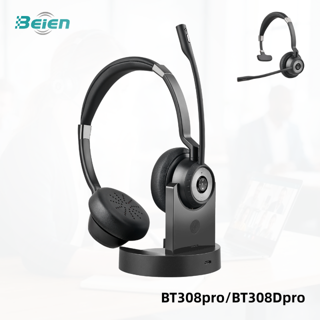 Wireless Headset With ENC Noise Cancelling Mic Dual Connect Charging Base for Call Center Office Remote Work
