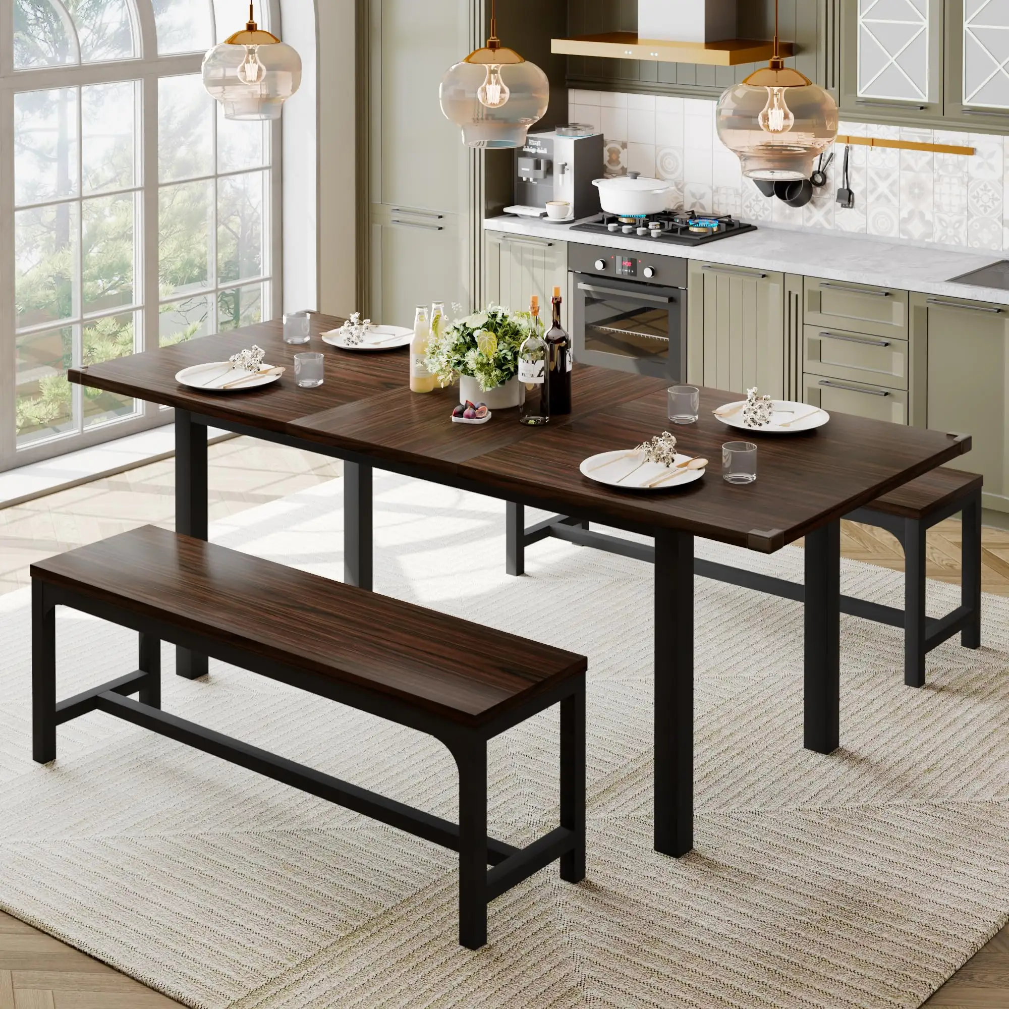 dining table 63" extendable kitchen table set with 2 benches and 2 square stools dining room table with easy assembly walnut
