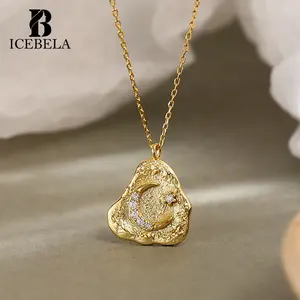 Wholesale Fine Jewelry 18K Gold Plated Cubic Zircon Vintage Moon Star Necklaces Irregular Pendant S925 Silver For Girls Women
