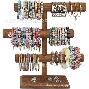 Wooden Jewelry Rack Three Tier Solid Wood Bracelet Storage Display <b>Stand</b> Desktop Organizer Retro Minimalist Style - Product Image 3