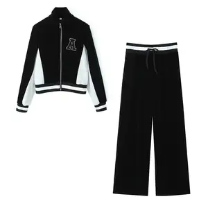 PB&ZA set woman 2 pieces 2023 Fashion Velvet applique sports suit Vintage Long Sleeve Coat Female + Pants Women's suit