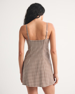 LEDUO Retro Style Daily Wear Brown Plaid A-Line <b>Spaghetti</b> <b>Strap</b> Cami Mini Women's Dress - Product Image 2