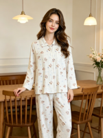 Pyjama long en coton pur respirant de luxe pour femme, automne/printemps, manches longues, en polaire fine, col rabattu, taille élastique