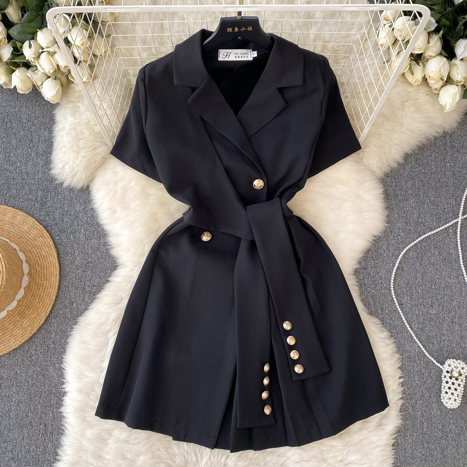Elegant Black Short Sleeve Midi Dress For Office & Summer Oem