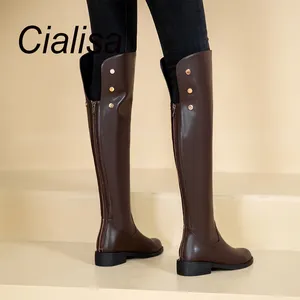 Cialisa Handmade Brown Winter Shoes Ladies White Genuine Leather Chunky Low Heels Woman Over-The-Knee Fur Boots