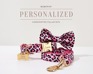Conjunto de estampado de leopardo rosa, correa de arnés de cachorro de lujo, regalo de Navidad, conjunto de lazo de collar de perro hecho a mano para cumpleaños - Product Image 3