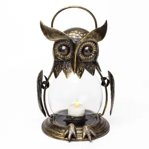 Castiçal de coruja de metal rústico, vintage, formato de animal, de latão, suporte de lanterna para decoração de jardim