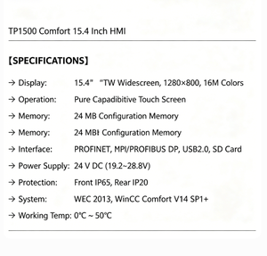 หน้าจอ TFT ไวด์สกรีนขนาด 15.4 นิ้ว Siemens 6AV2124-0QC02-0AX1 แผงควบคุมแบบสัมผัส HMI ความละเอียด 1280x800 รองรับ Profibus/USB/Ethernet - Product Image 4