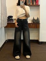 Celana Jeans Wanita Model Baggy Desain Khusus, Bahan Bernapas, Kaki Lebar, Anti Kusut, Warna Gelap, Ukuran Plus