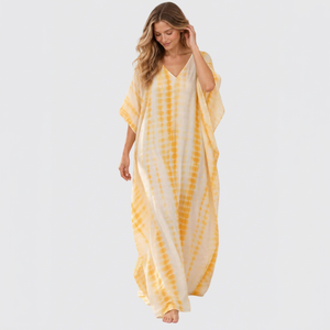 Kimono amarillo con cuello en V y efecto tie-dye para mujer, manga corta, largo completo, para la playa - Product Image 1