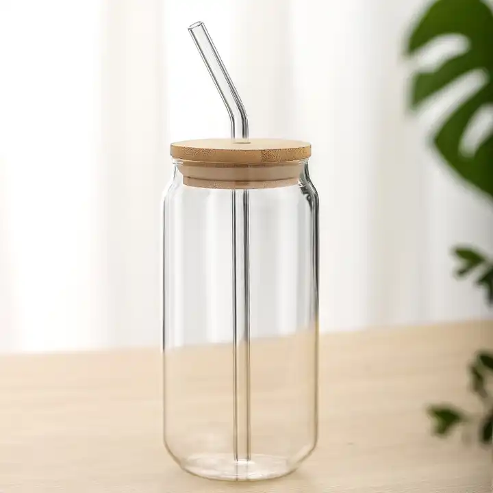 Bamboo Lid Glass Straw 16oz Clear Beer Can Shaped Glass Beer Can
