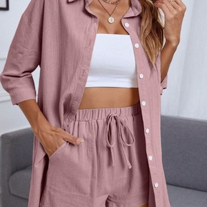 Conjunto de Dos Piezas de Moda 2025 para Mujer, Camisa Casual de Manga Larga con Cuello Camisero y Pantalones Cortos Casuales de Algodón y Lino - Product Image 5