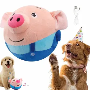 热卖USB充电卡通猪电子互动狗玩具宠物弹跳球主动移动宠物毛绒狗吱吱玩具