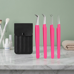 4Pcs <b>Pink</b> Eyelash Tweezers <b>Set</b> Stainless Steel Precision Curved Straight Tip Lash Extension Beauty <b>Tools</b> with Storage Case - Product Image 2
