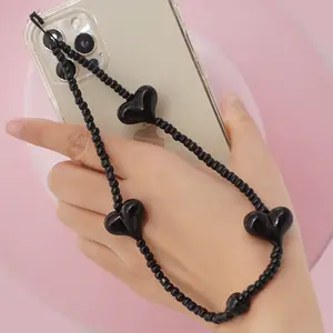 Chaîne pour téléphone portable, 2 m, noir, étui en forme de cœur, cordon perlé Anti-perte, bijoux