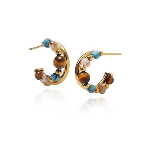 Pendientes de Piedra Natural de Ojo de Tigre, Pendientes con Patrón de Planeta de Piedra Natural, Pendientes de Acero Inoxidable Chapados en Oro - Product Image 6