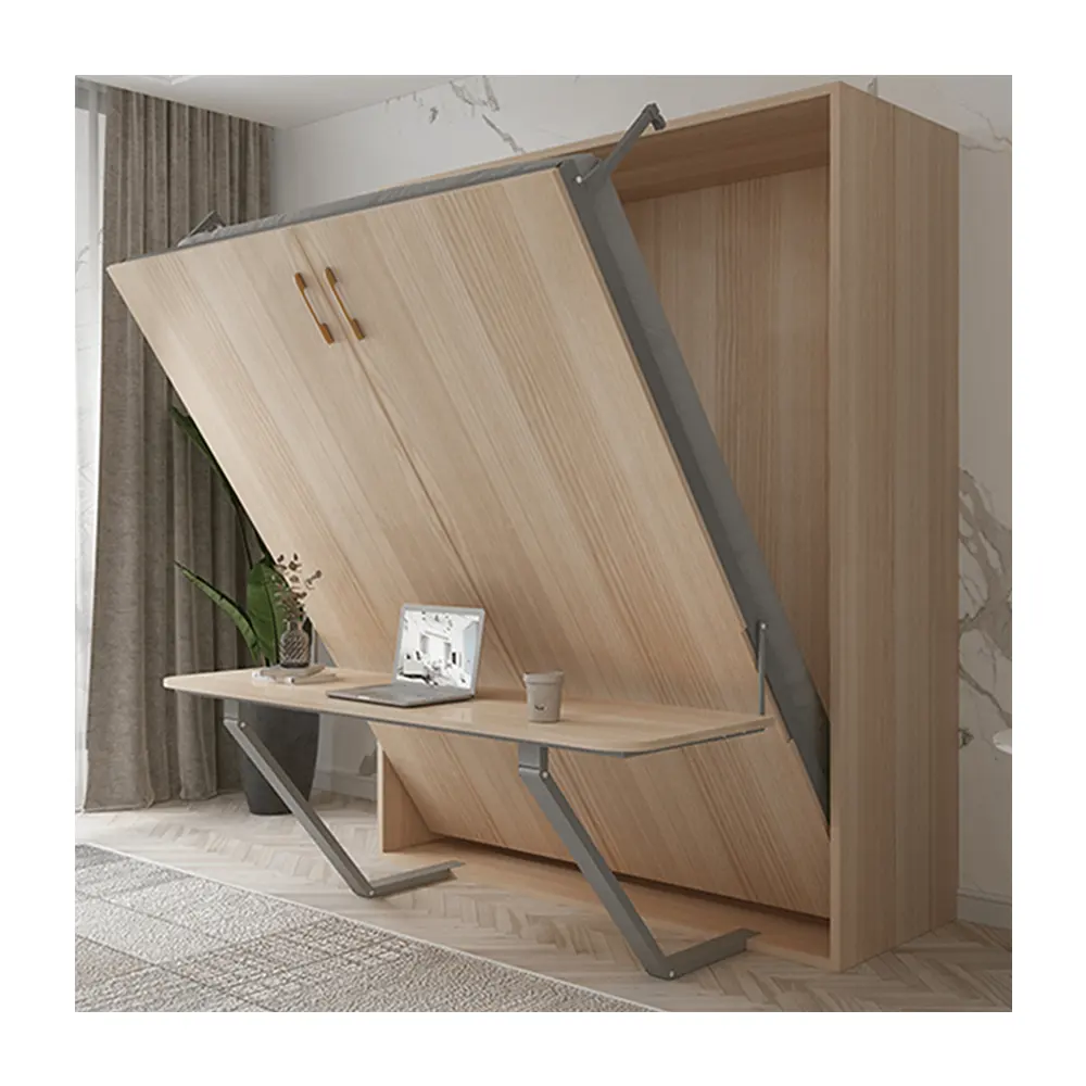 2024 personnalisé gain de place mural moderne transformable mur pliant meubles de chambre à coucher lit en bois avec table de bureau