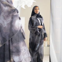 Abaya ouverte imprimée avec hijab assorti, ensemble 2 pièces, motif marbré, kimono en satin, tenue modeste pour femmes musulmanes, robe de prière islamique