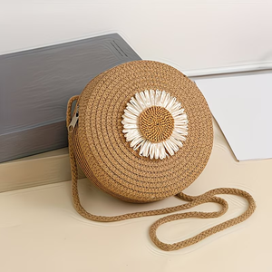 Bolsa Transversal de Palha Redonda Estilo Boêmio para Meninas, com Design Geométrico Aberto, Ideal para Férias na Praia – Atacado - Product Image 3