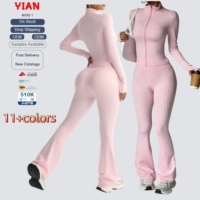 Ensemble de yoga 2 pièces sans coutures pour femmes, haut à manches longues zippé, pantalon évasé taille haute, 11 couleurs unies, vêtements de sport et de fitness