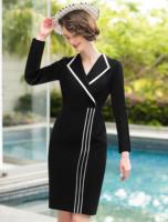 Robe de soirée/d'affaires noire pour femme, style décontracté de luxe, col en V, boutonnée, grande taille, mi-mollet, coupe ajustée, en Spandex/Polyester