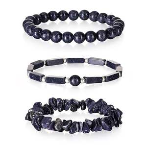 Set Gelang Batu Permata Ukiran Ramah Lingkungan 3-Piece untuk Pria & Wanita 8mm Batu Hijau Pasir Emas & Gelang Elastis Batu Giok - Product Image 6