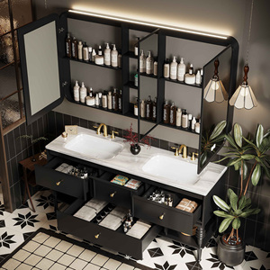 Meuble-lavabo double vasque <span class=keywords><strong>en</strong></span> bois 60-92 pouces, style rétro français, autoportant, avec grands tiroirs et <span class=keywords><strong>miroir</strong></span> intelligent anti-buée pour villa - Product Image 4