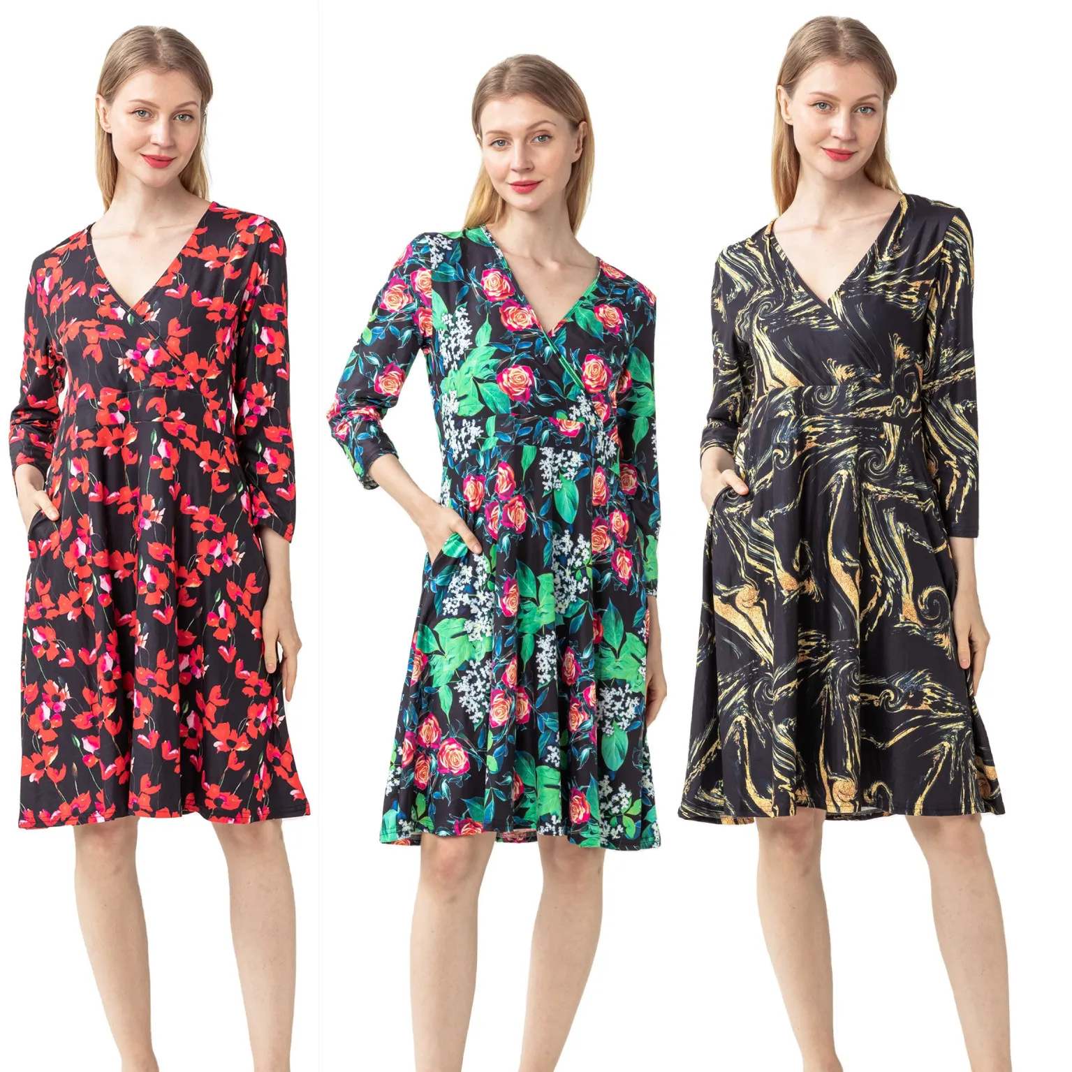 Manufacture High Quality Four Seasons Custom Prints Fashion Women Long Sleeve V-Neck Dresses with Pockets Wholesale