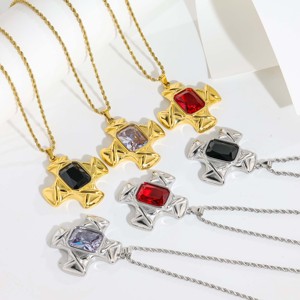 Collar con Colgante de Cruz Geométrica con Gemas - Diseño con Opción de Gemas Multicolores, Estilo Moderno y Versátil para Reuniones Informales - Product Image 1