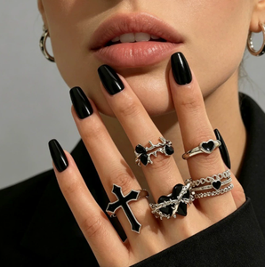 925 Sterling <b>Silver</b> Black Enamel Open <b>Ring</b> <b>Set</b> Heart Cross Anchor Claw Setting Unisex Gift Jewelry - Product Image 2