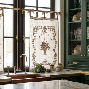 Rideau en lin de luxe, style moderne, fleurs brodées beiges, rideau vintage pour salon, maison, hôtel, resort, café - Product Image 1