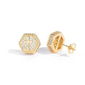 Wholesale Full Diamond Hip Hop <b>Stud</b> Earrings Trendy Brand's Hexagonal Cross Copper Zircon Customizable for Men Women - Product Image 6