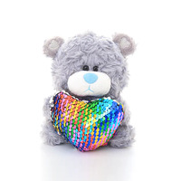 Peluche Teddy Qbeba Grise Moderne avec Cœur à Paillettes Réversibles Rose Arc-en-ciel Rouge 6 Pouces pour Décoration de Bureau et Souvenir