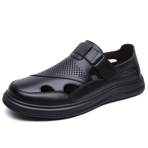 Men's Genuine Leather Solid Pattern Flat Sandals Open Toe <b>Hook</b> Loop Casual Summer Breathable Rubber Outsole Outdoor <b>Shoes</b> - Product Image 5