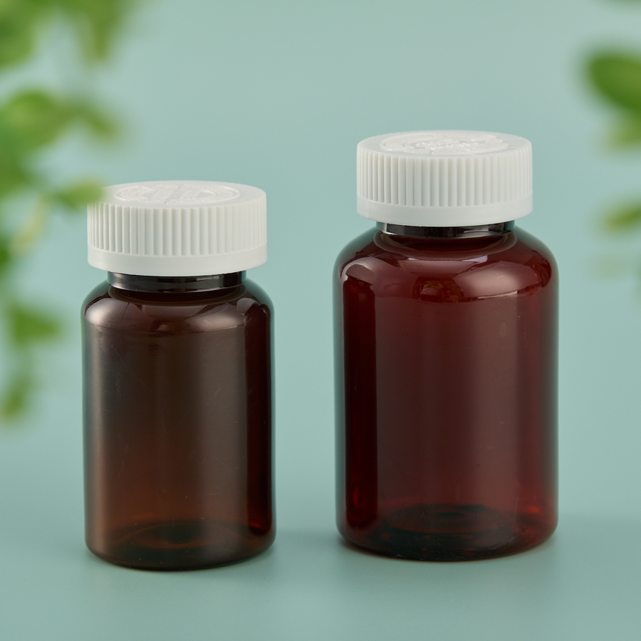 Empty Food Grade Amber PET Round Tablet Bottle 120cc 150cc 200cc Child Resistant Cap Candy Pill Pharmaceutical Packaging Bottle