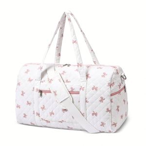 Grand sac de voyage matelassé à fleurs avec nœud rose, sac de sport portable léger pour femme - Product Image 1