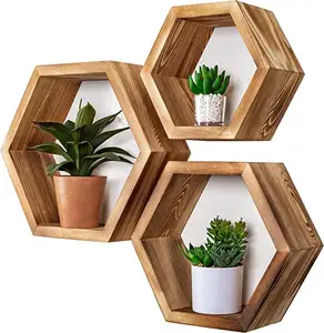 Junji prateleira hexagonal de madeira, prateleira de colmeias flutuantes para parede, estilo boho, para quarto, sala de estar e escritório