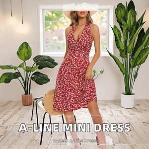 Robe mini polyvalente à imprimé bohème, coupe trapèze, ajustée, taille haute, col en V, sans manches, respirante et lavable - Product Image 2