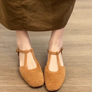 Retro Woven Mary Jane Flats Brown <b>Closed</b> <b>Toe</b> Chunky <b>Heel</b> Breathable Summer Wear Women's Shoes - Product Image 5