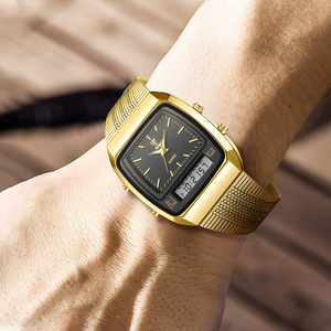 Nuevo reloj de tira de acero sólido LIEBIG para hombre, reloj electrónico de cuarzo con doble pantalla y doble movimiento, reloj de pulsera sencillo dorado - Product Image 4