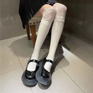 White Lace Calf <b>Socks</b> Women Mid Calf <b>Knee</b> <b>High</b> Japanese Style Lolita JK <b>Socks</b> Cotton Solid Color Half Leg Stockings - Product Image 4