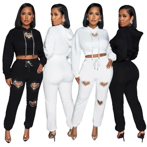 Casual hollow out heart shape two-piece sweat suit with hooded crop top sweatshirt