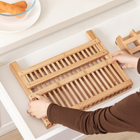 Égouttoir à vaisselle pliable en bambou à double niveau avec panier à couverts amovible pour évier de cuisine ou comptoir