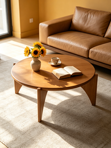 Mesa de Centro de Madera Maciza Redonda con Patas Curvas Triangulares, Estilo Japonés Minimalista para Sala de Estar - Product Image 1