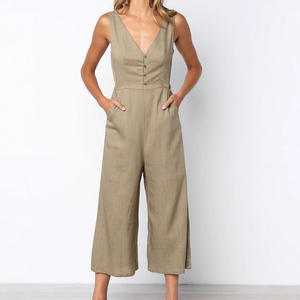 Combinaison sexy pour <span class=keywords><strong>femme</strong></span>, combishort tendance avec poches, col en V, boutons, couleur unie, vêtements pour femmes - Product Image 1