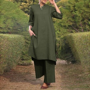 Ensemble 2 pièces en coton et lin pour femmes grandes tailles, col en V, manches 3/4, pantalon large, costume décontracté, SMLXL2XL3XL4XL5XL, couleur unie - Product Image 2