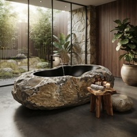 Baignoire autoportante en pierre de rivière pour patio extérieur, style Zen, en roche naturelle sculptée à la main, pour bain de jardin biologique, vente en gros